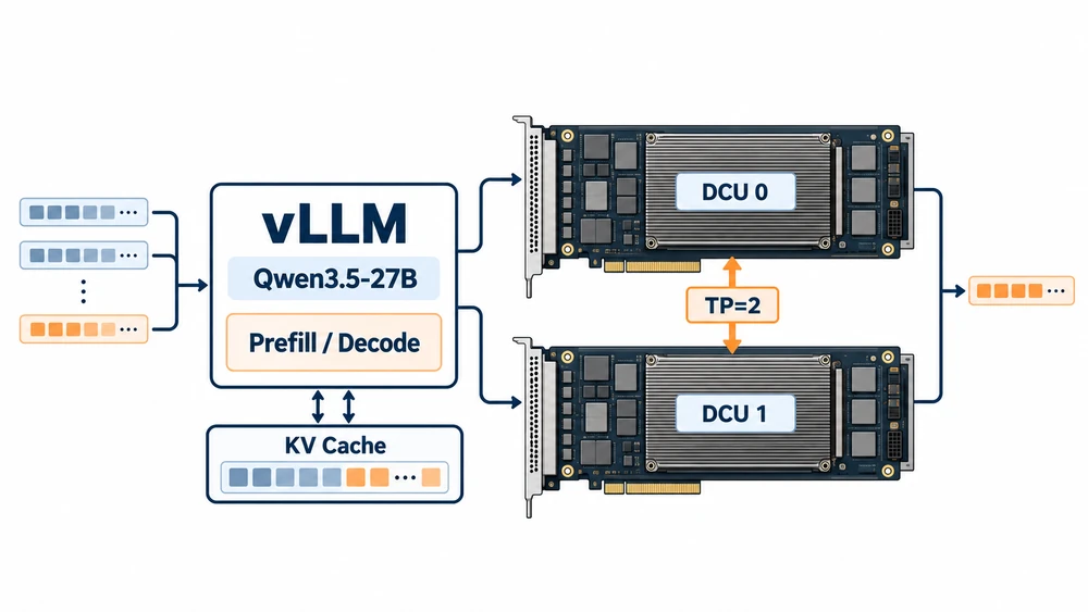 Conceptual illustration of Qwen3.5-27B serving with vLLM, KV cache, and TP=2 across two DCU accelerators.